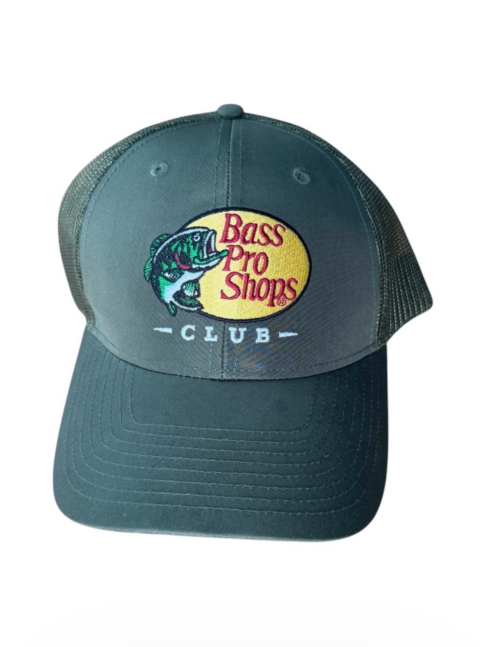 Bass Pro Shops Club Trucker Hat Olive Green Mesh Back Snapback Fishing Cap